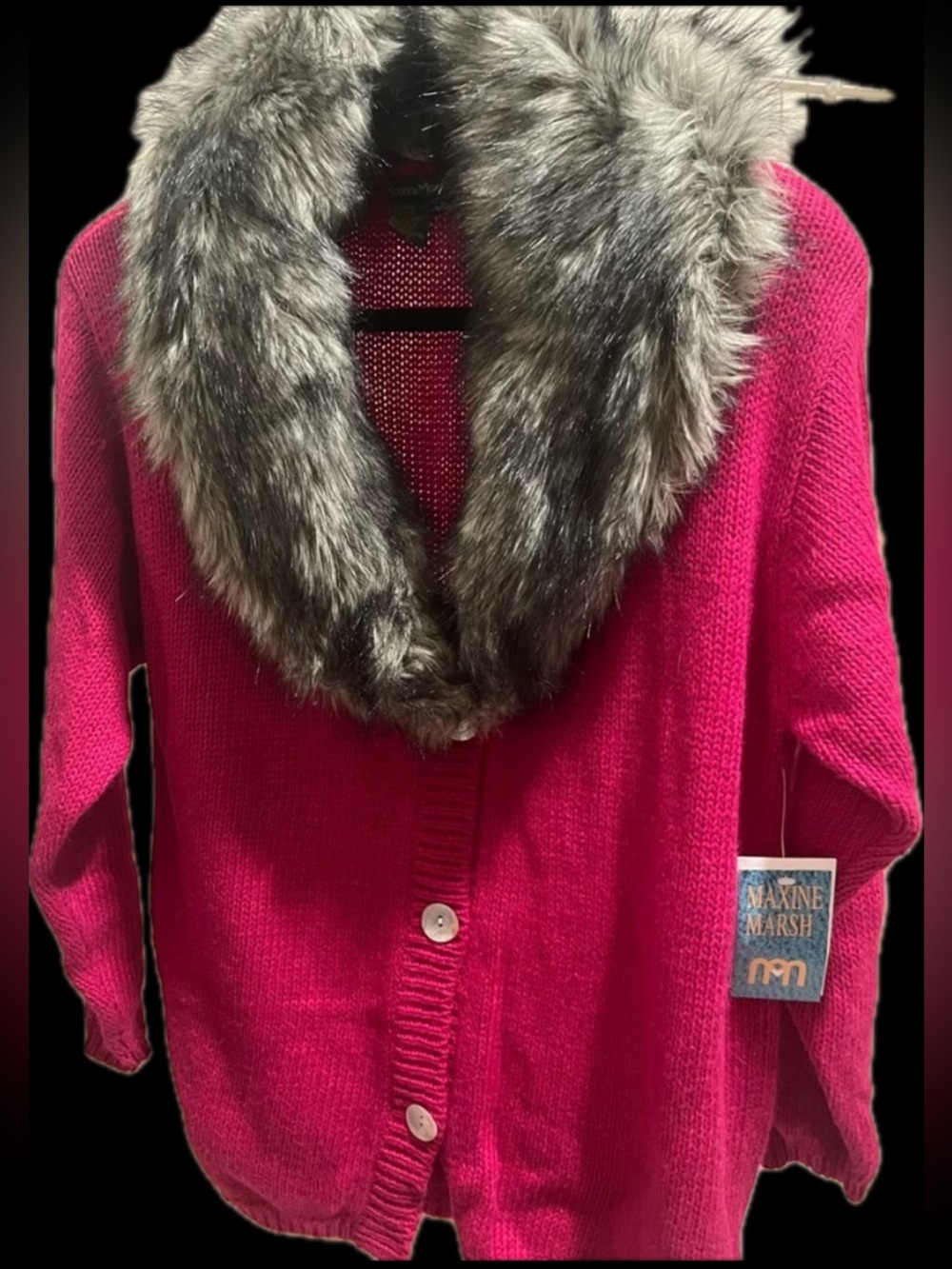 Marsh hot pink Vintage Faux Fox Fur Collar Long button Cardigan Sweater QVC Y2K